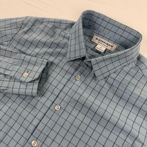 Mizzen Main Men's Large Trim No Tuck Dress Shirt Blue Plaid Performance Stretch